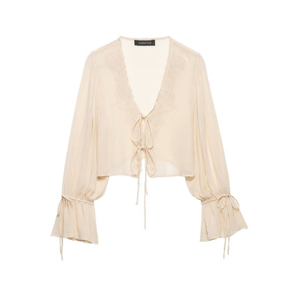 Women Clothing Summer Long Sleeve V neck Lace up Embroidered Shirt Top Women by Ragazza