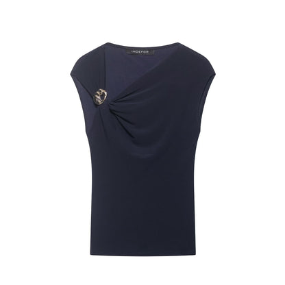 Women Clothing Summer Sleeveless Asymmetric Collar Pleated Pullover Top by Ragazza