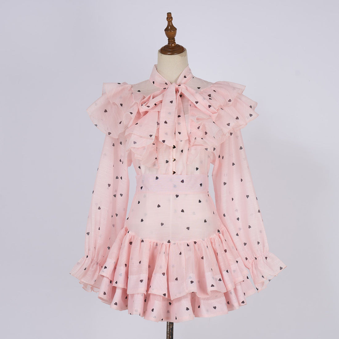 Women Heart Shaped Print Tie Up Ruffled Hem Blouse With High Waisted Short Half Length Skirt Two Piece Sets by Ragazza