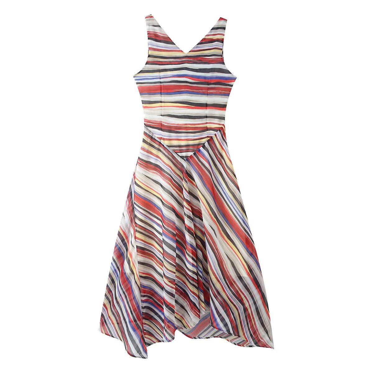Women Clothing Fashionable Elegant Swing Collar Colorful Striped Sleeveless Dress by Ragazza