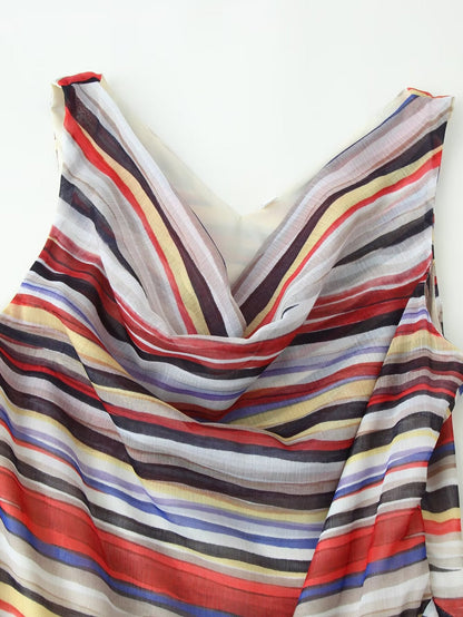 Women Clothing Fashionable Elegant Swing Collar Colorful Striped Sleeveless Dress by Ragazza