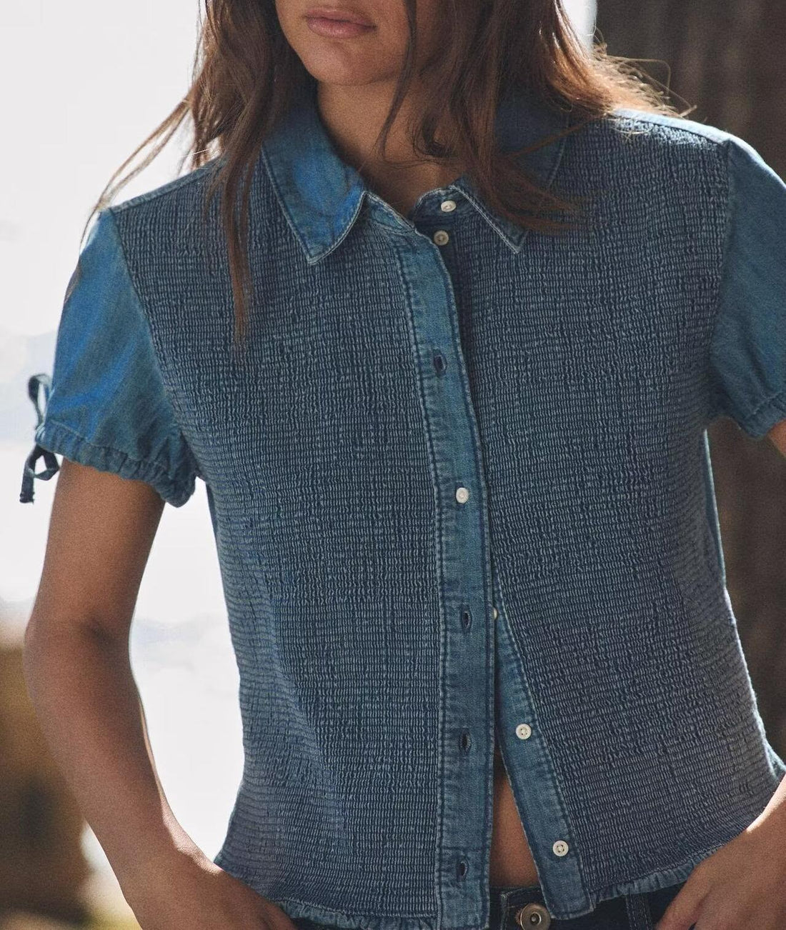 Women Clothing Summer Slim Fit Short Sleeved Collared Honeycomb Denim Shirt Women by Ragazza