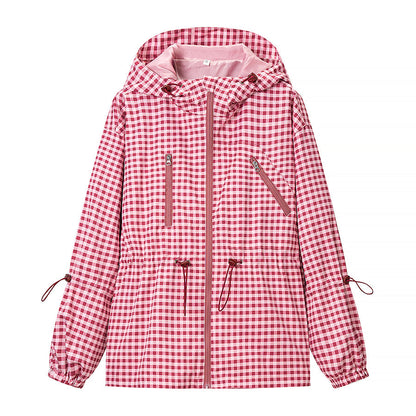 Women Everyday Lace up Waist Controlled Slimming Hooded Plaid Coat by Ragazza
