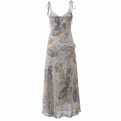 Super Nice Summer Gentle Retro Ruffled Floral Dress Seaside Vacation Strap Dress by Ragazza