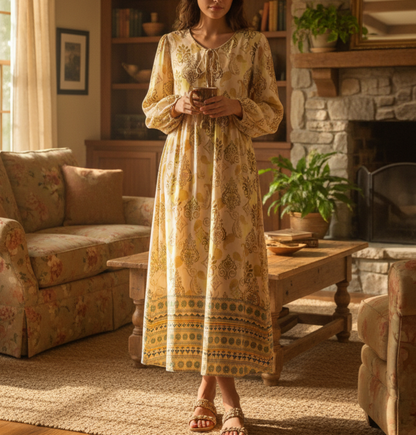 Women Loose Bohemian Flared Dress with Embroidered Tassel Print by Ragazza
