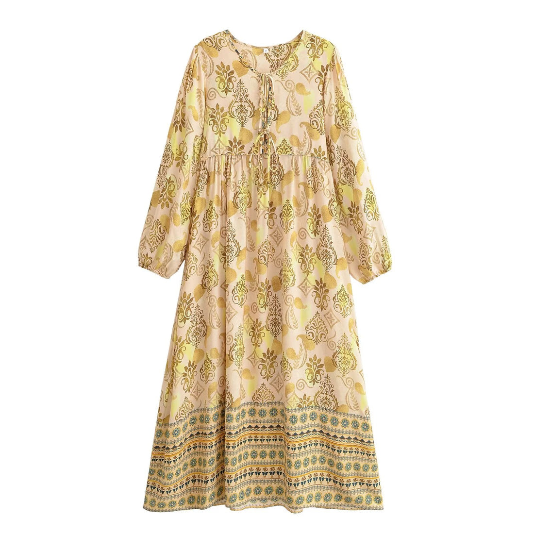 Women Loose Bohemian Flared Dress with Embroidered Tassel Print by Ragazza