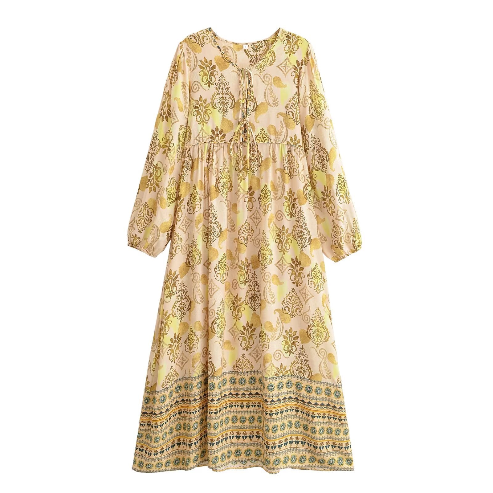 Women Loose Bohemian Flared Dress with Embroidered Tassel Print by Ragazza