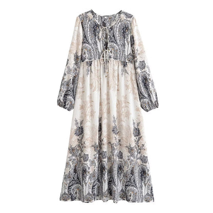 Women Loose Bohemian Flared Dress with Embroidered Tassel Print by Ragazza