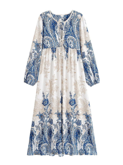 Women Loose Bohemian Flared Dress with Embroidered Tassel Print by Ragazza