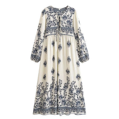 Women Loose Bohemian Flared Dress with Embroidered Tassel Print by Ragazza
