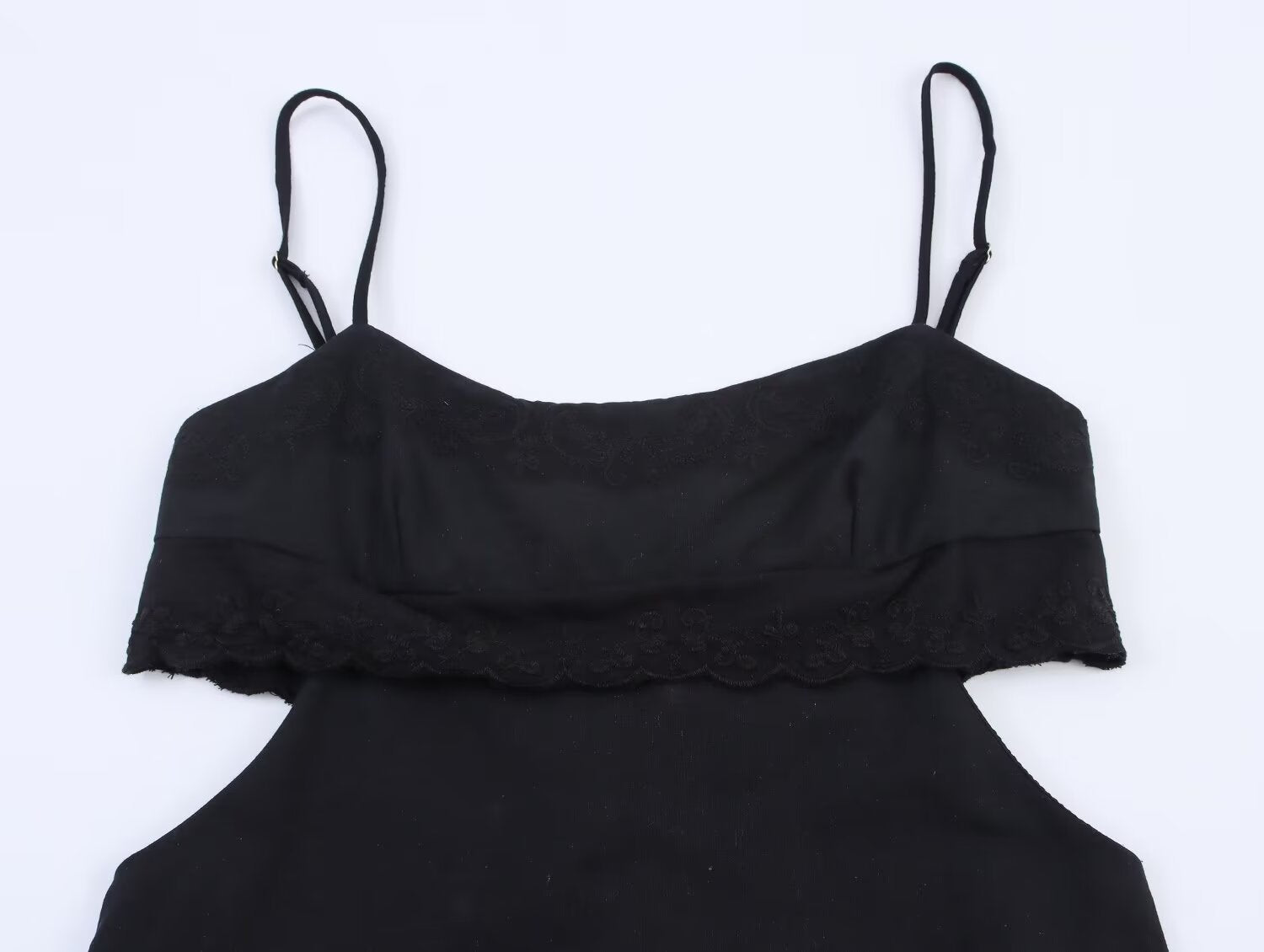 Elegant Black Slim Fit Slimming Lace Stitching Side Waist Split Sling Dress by Ragazza