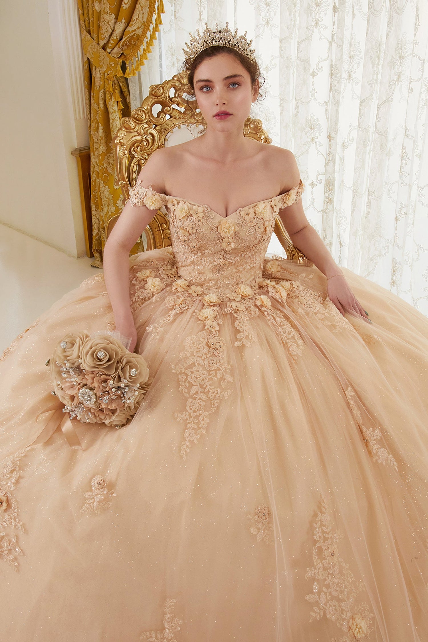 Ladivine 15702 Floral Off the Shoulder Floral Quince Ball Gown by DiscountDressShop