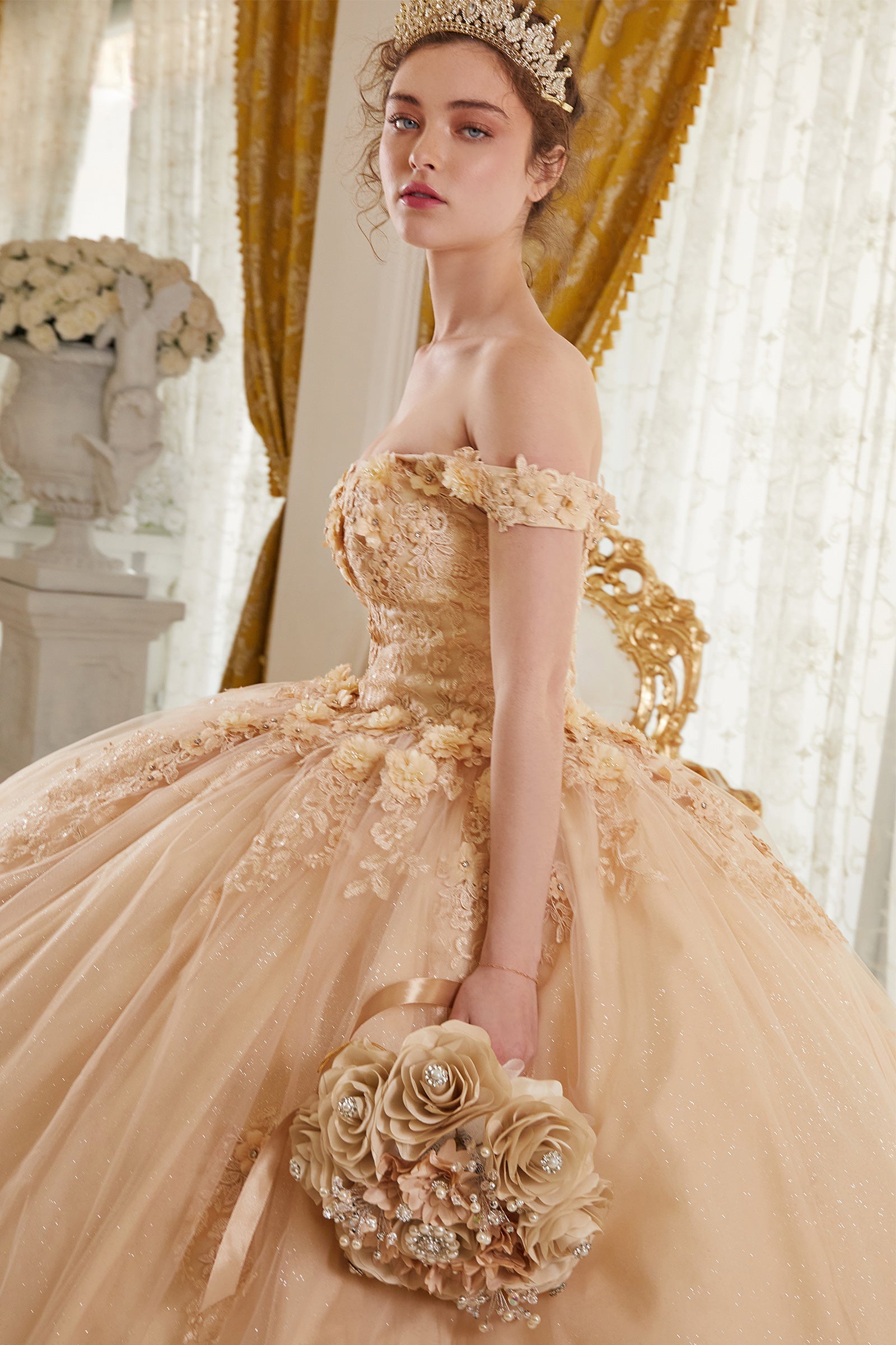 Ladivine 15702 Floral Off the Shoulder Floral Quince Ball Gown by DiscountDressShop