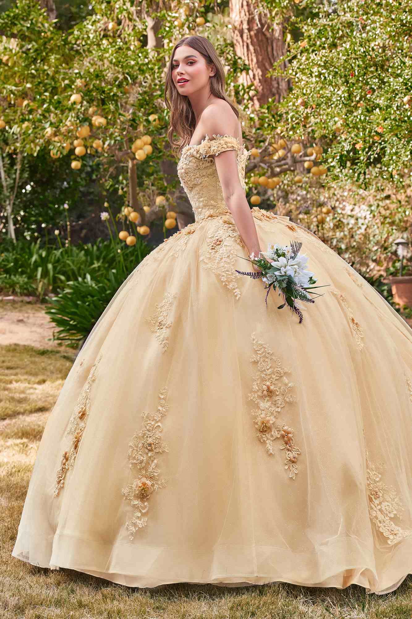 Ladivine 15702 Floral Off the Shoulder Floral Quince Ball Gown by DiscountDressShop