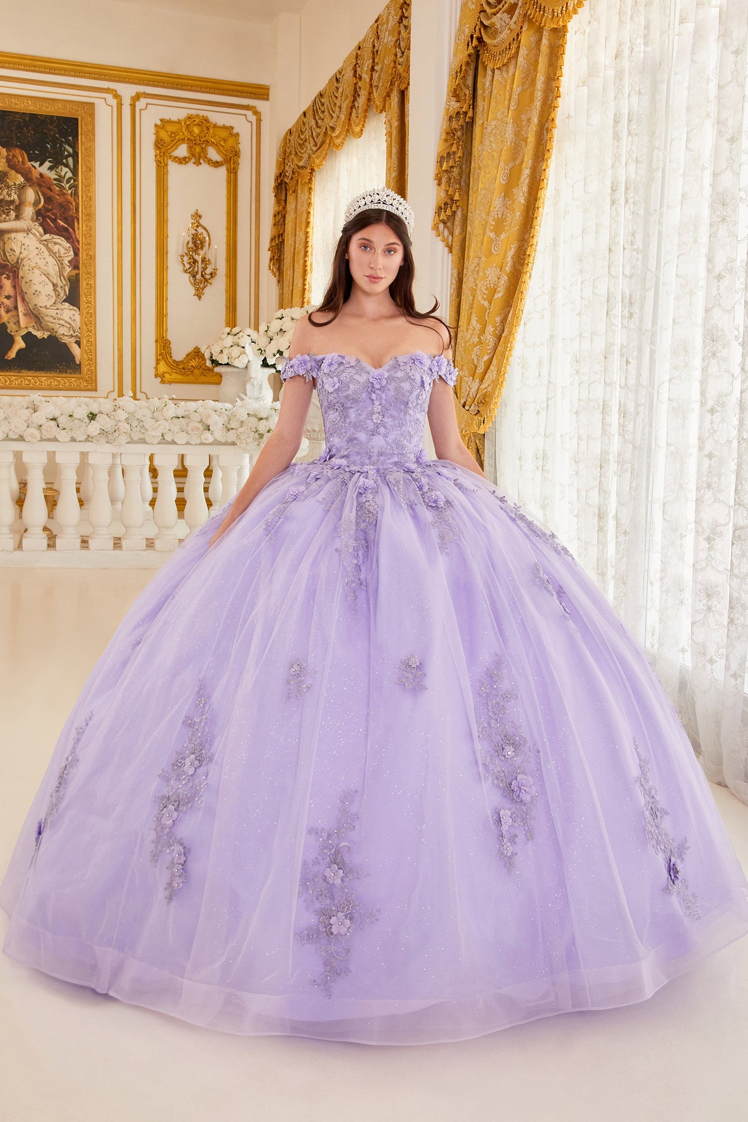 Ladivine 15702 Floral Off the Shoulder Floral Quince Ball Gown by DiscountDressShop