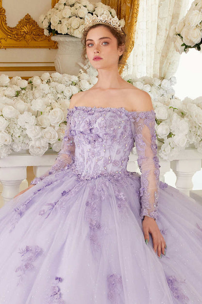 Ladivine 15706 Floor Length Off Shoulder Lace Long Sleeve Ball Gown by DiscountDressShop