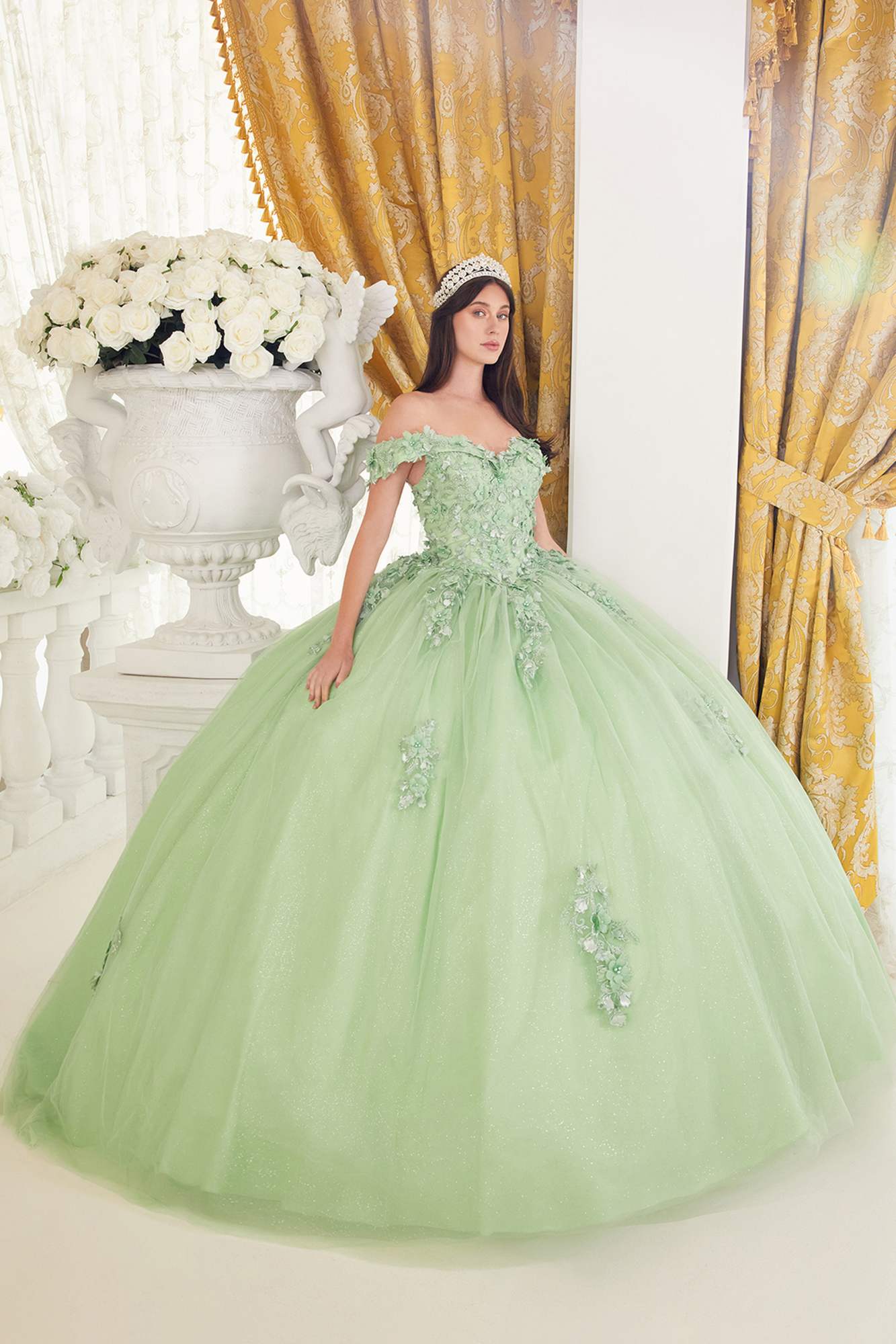 Ladivine 15710 Floor Length Lace Off Shoulder Layered Tulle Ball Gown by DiscountDressShop