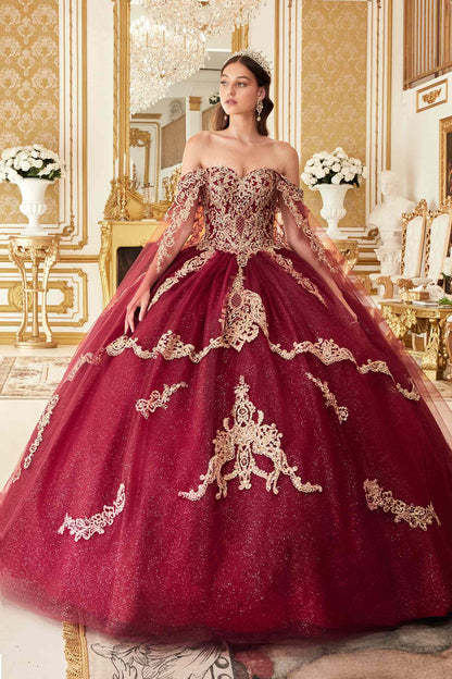 Ladivine 15711 Off the Shoulder Glitter Tulle A-Line Ball Gown Removable Cape by DiscountDressShop