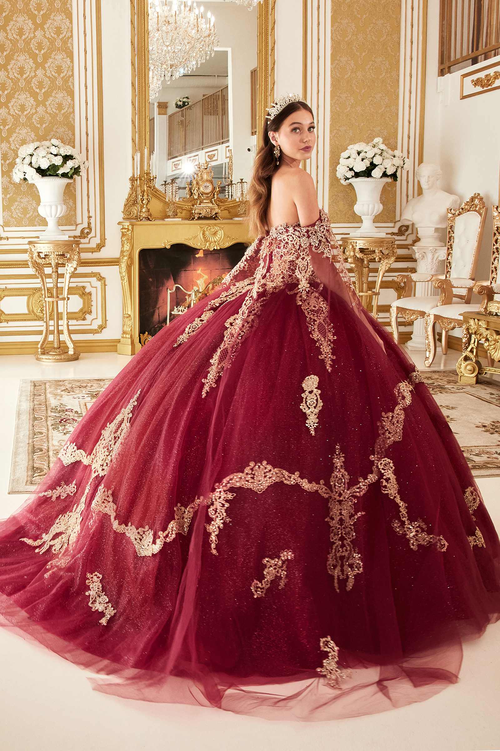 Ladivine 15711 Off the Shoulder Glitter Tulle A-Line Ball Gown Removable Cape by DiscountDressShop