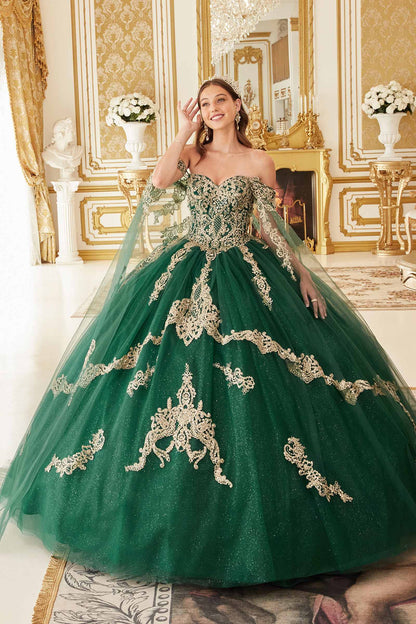 Ladivine 15711 Off the Shoulder Glitter Tulle A-Line Ball Gown Removable Cape by DiscountDressShop