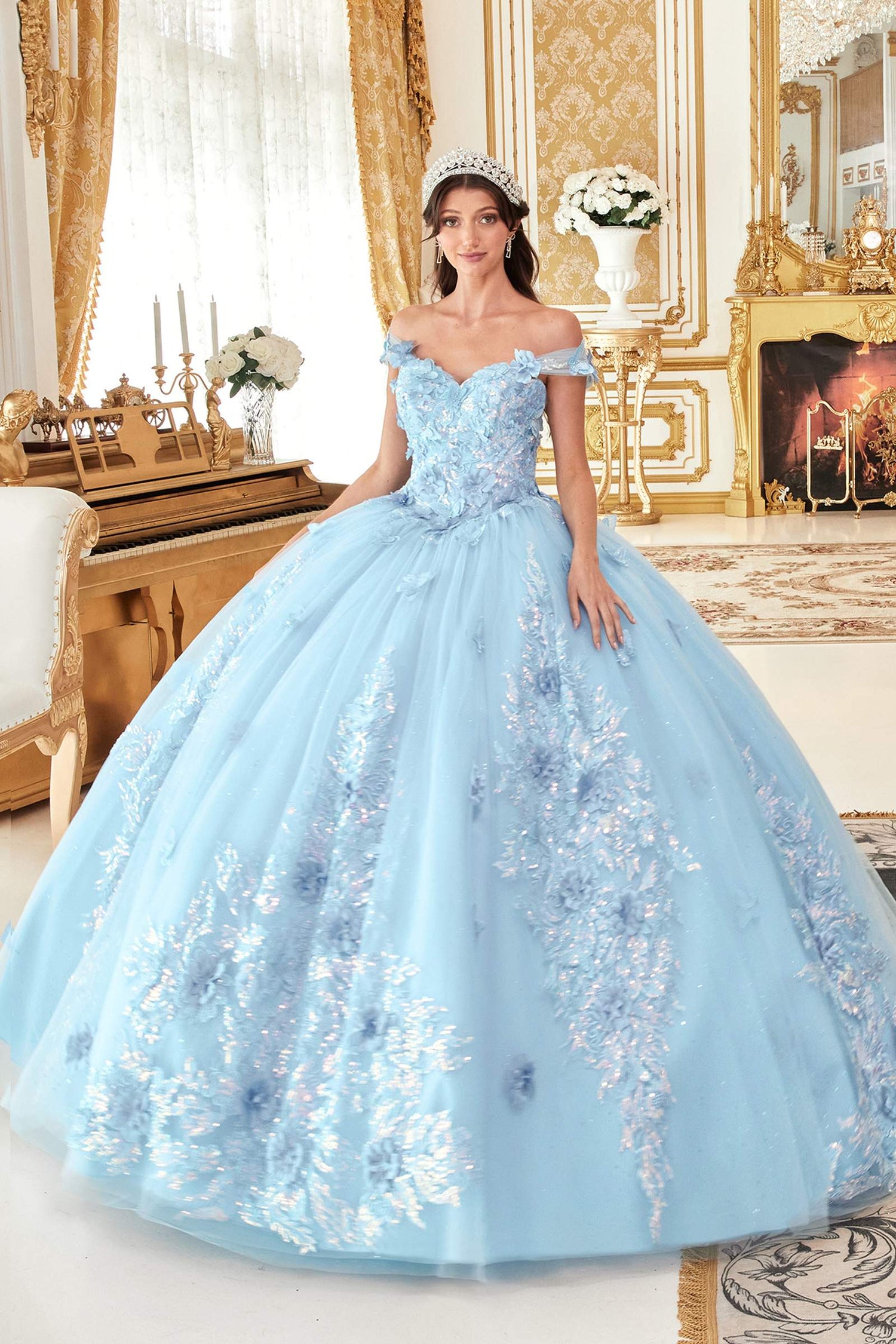 Ladivine 15713 Long Off the Shoulder A-Line Floral Applique Ball Gown by DiscountDressShop