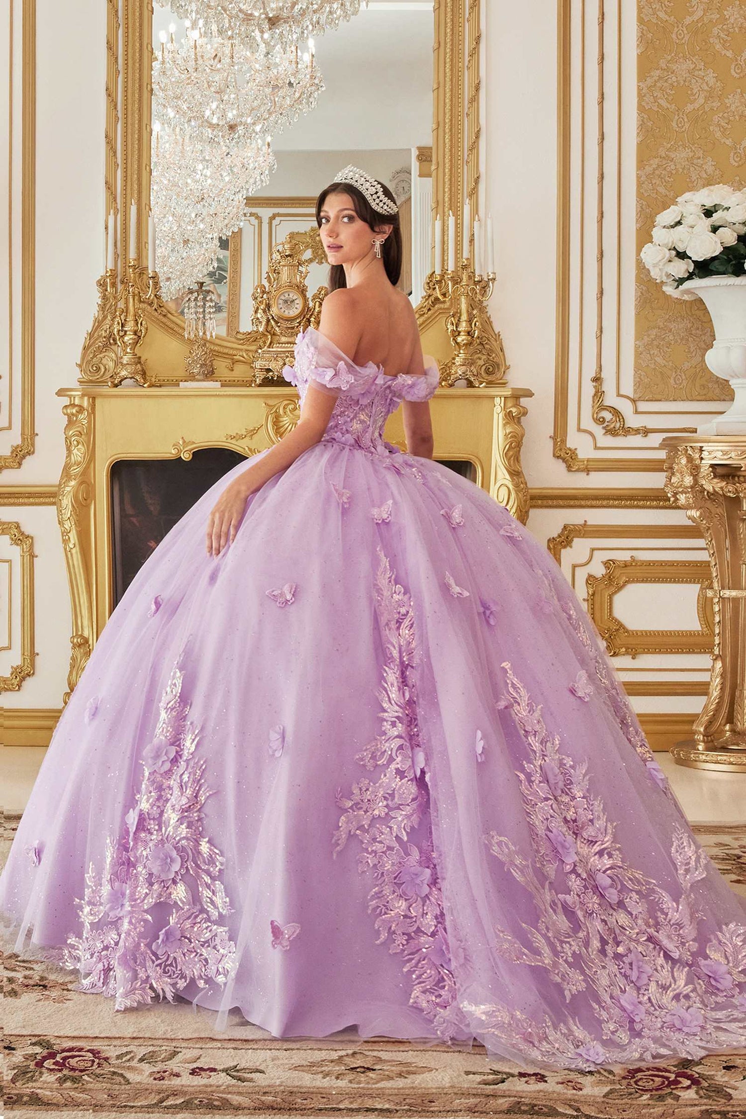 Ladivine 15713 Long Off the Shoulder A-Line Floral Applique Ball Gown by DiscountDressShop