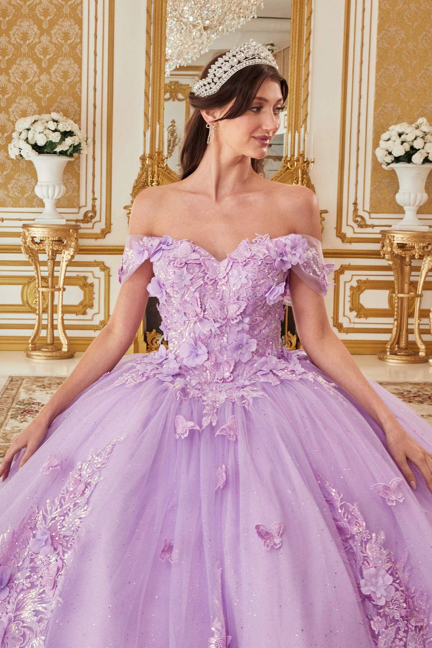 Ladivine 15713 Long Off the Shoulder A-Line Floral Applique Ball Gown by DiscountDressShop