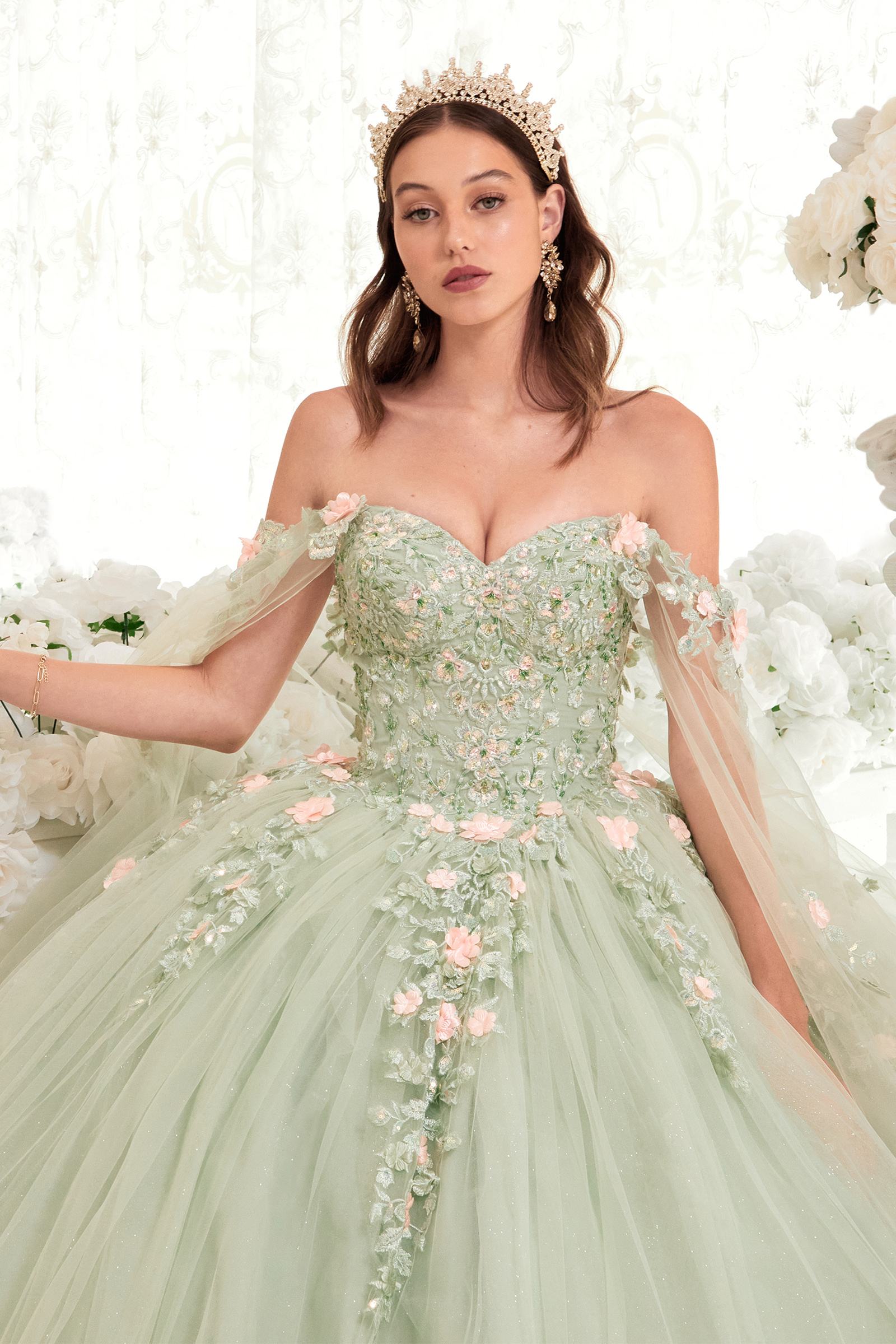 Ladivine 15716 Poofy Princess A-Line Ballgown Off Shoulder Cap Sleeve by DiscountDressShop