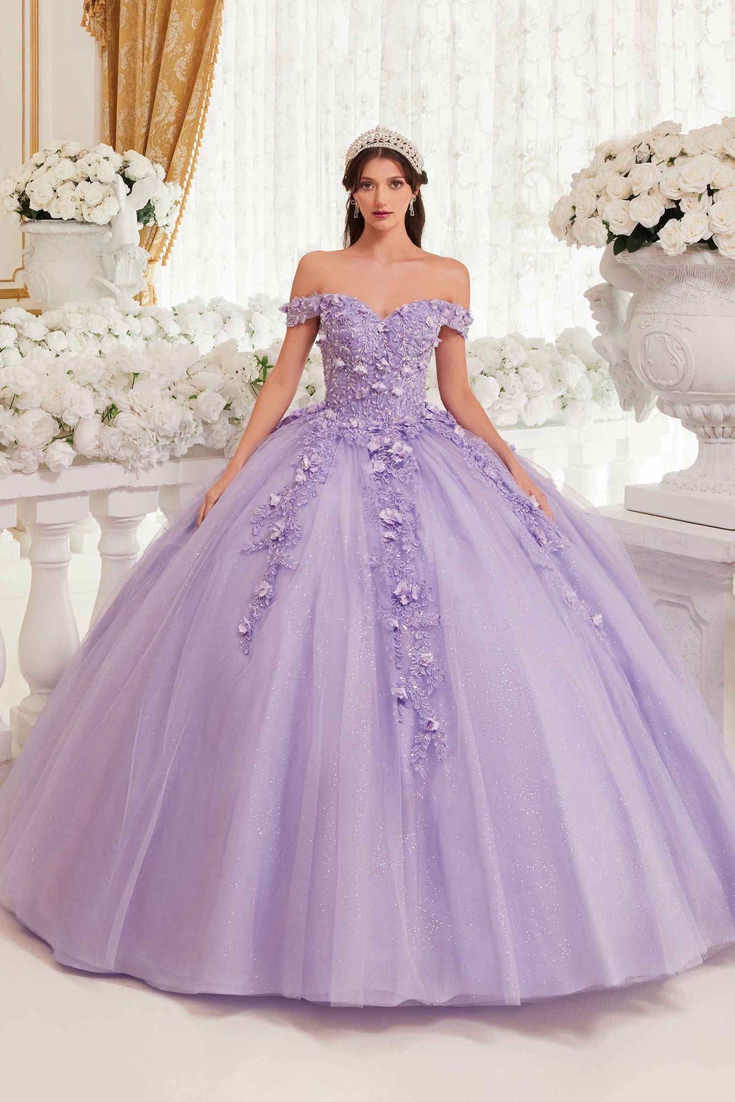 Ladivine 15717 Off the Shoulder 3D Floral Applique Quinceanera Gown by DiscountDressShop