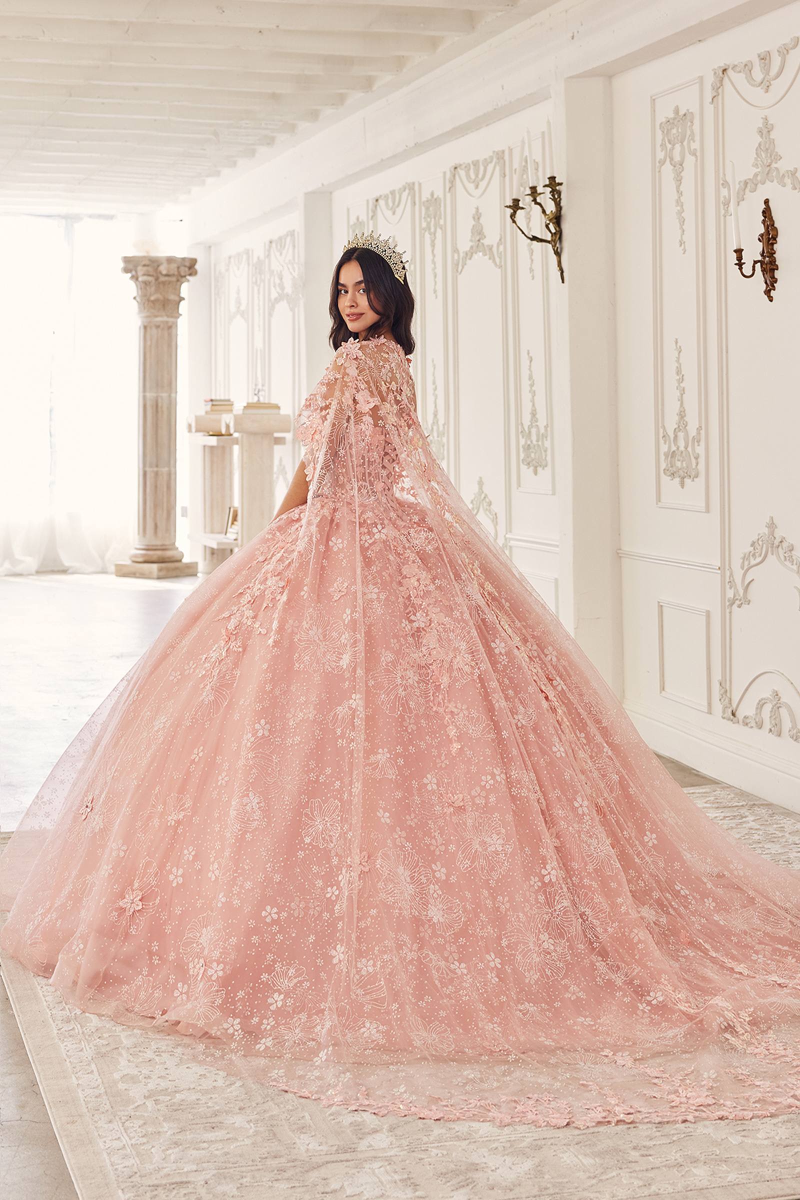 Ladivine 15719 Long Poofy Quinceanera Gown With Tulle Cape by DiscountDressShop