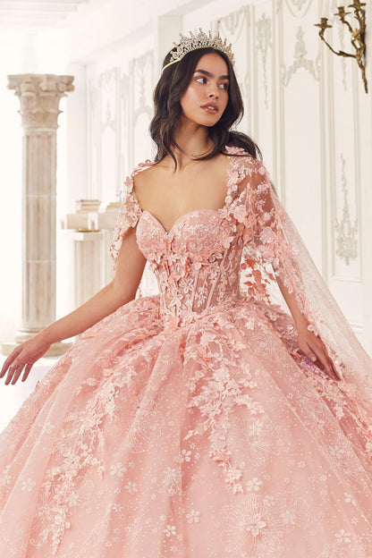 Ladivine 15719 Long Poofy Quinceanera Gown With Tulle Cape by DiscountDressShop