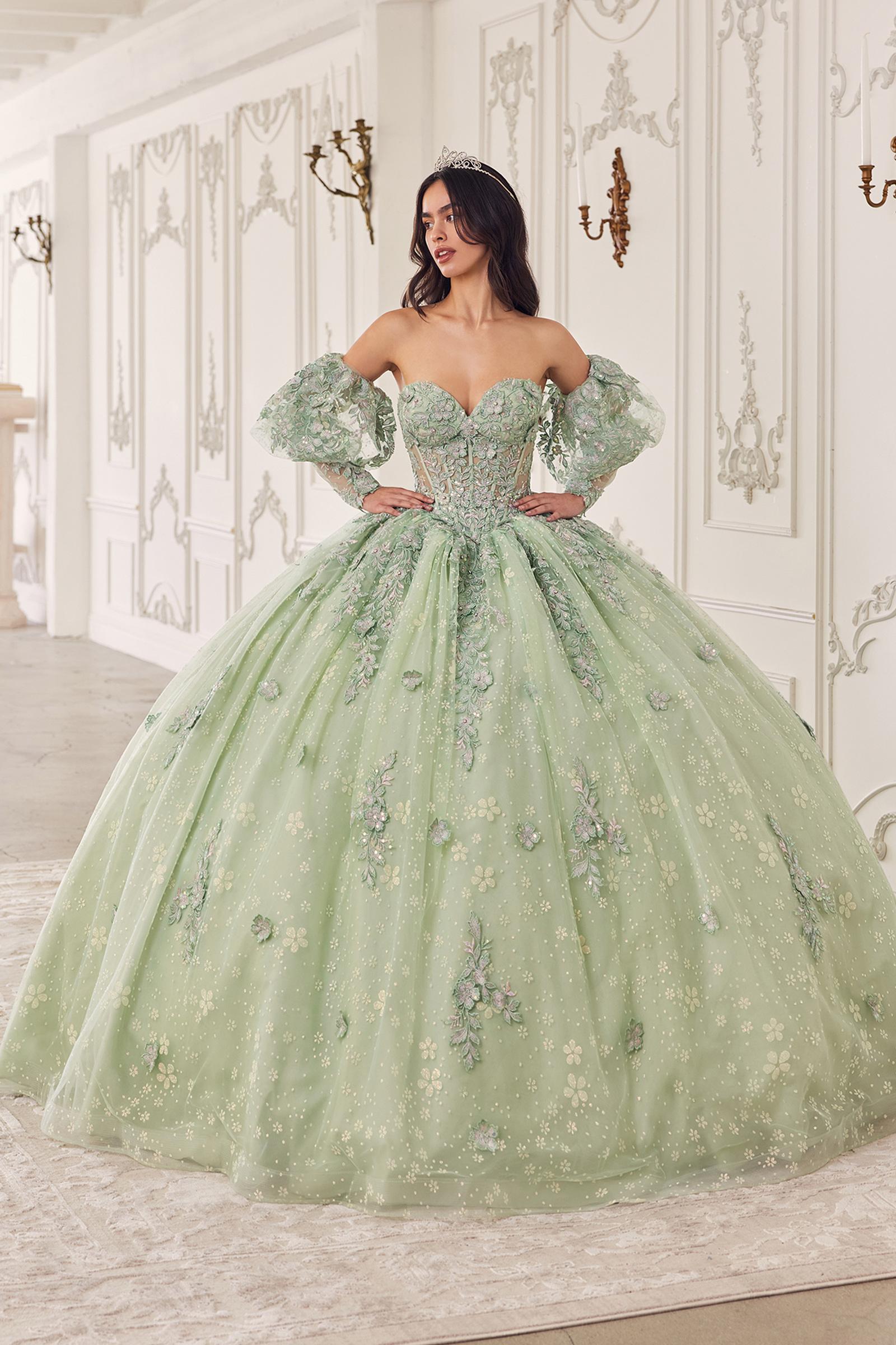 Ladivine 15722 Long Poofy A-Line Quinceanera Dress with Puffy Sleeves by DiscountDressShop