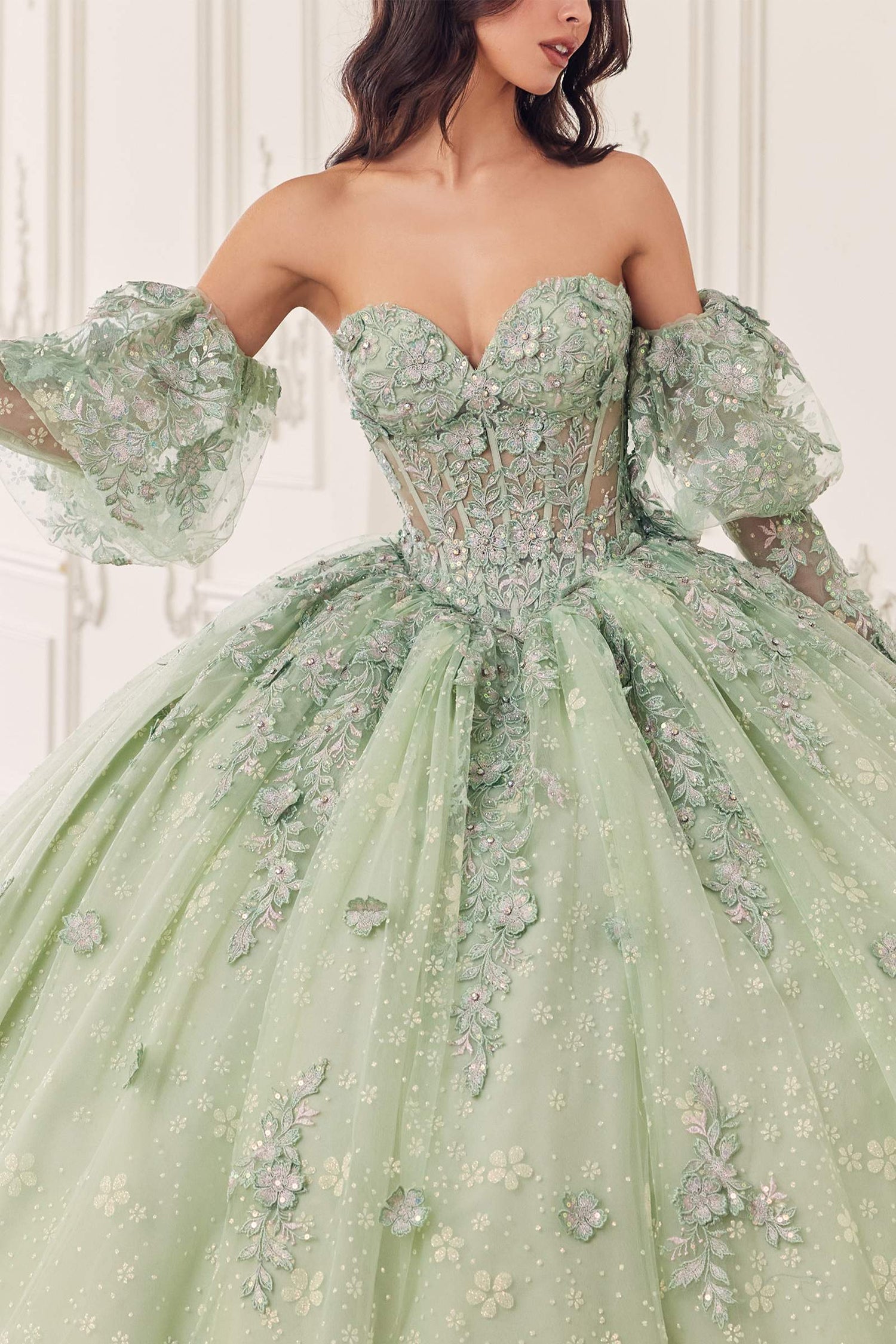Ladivine 15722 Long Poofy A-Line Quinceanera Dress with Puffy Sleeves by DiscountDressShop