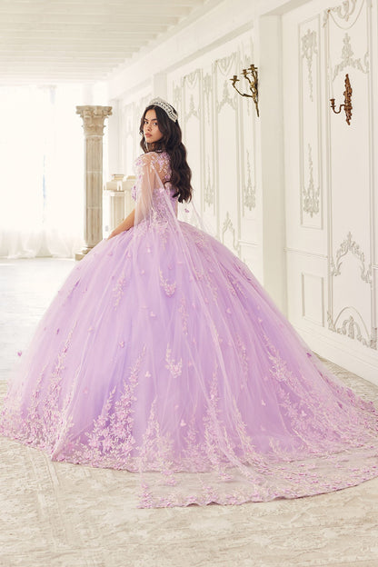Ladivine 15723 Long Poofy A-Line Quinceanera Gown with Tulle Cape by DiscountDressShop