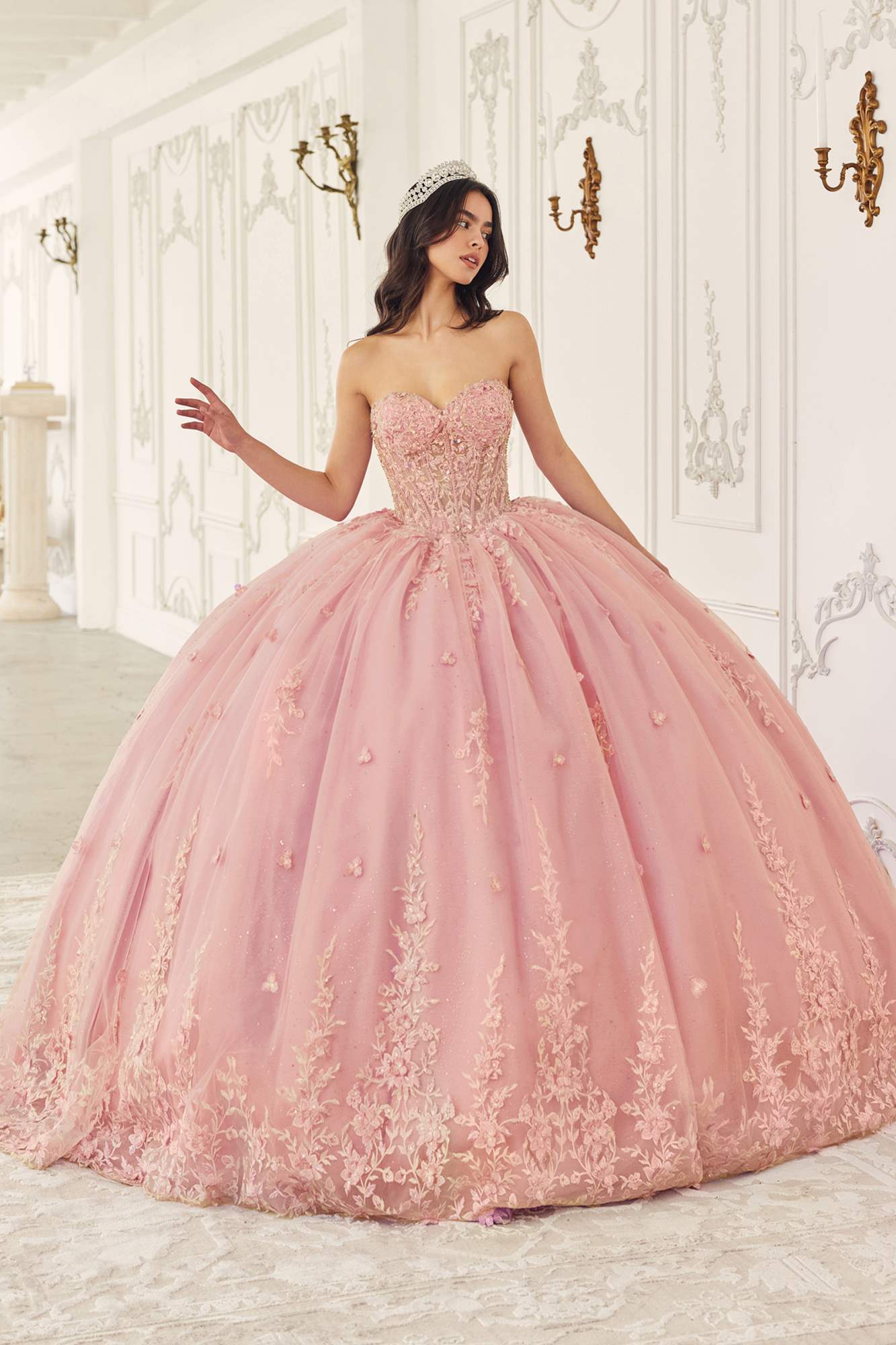 Ladivine 15723 Long Poofy A-Line Quinceanera Gown with Tulle Cape by DiscountDressShop