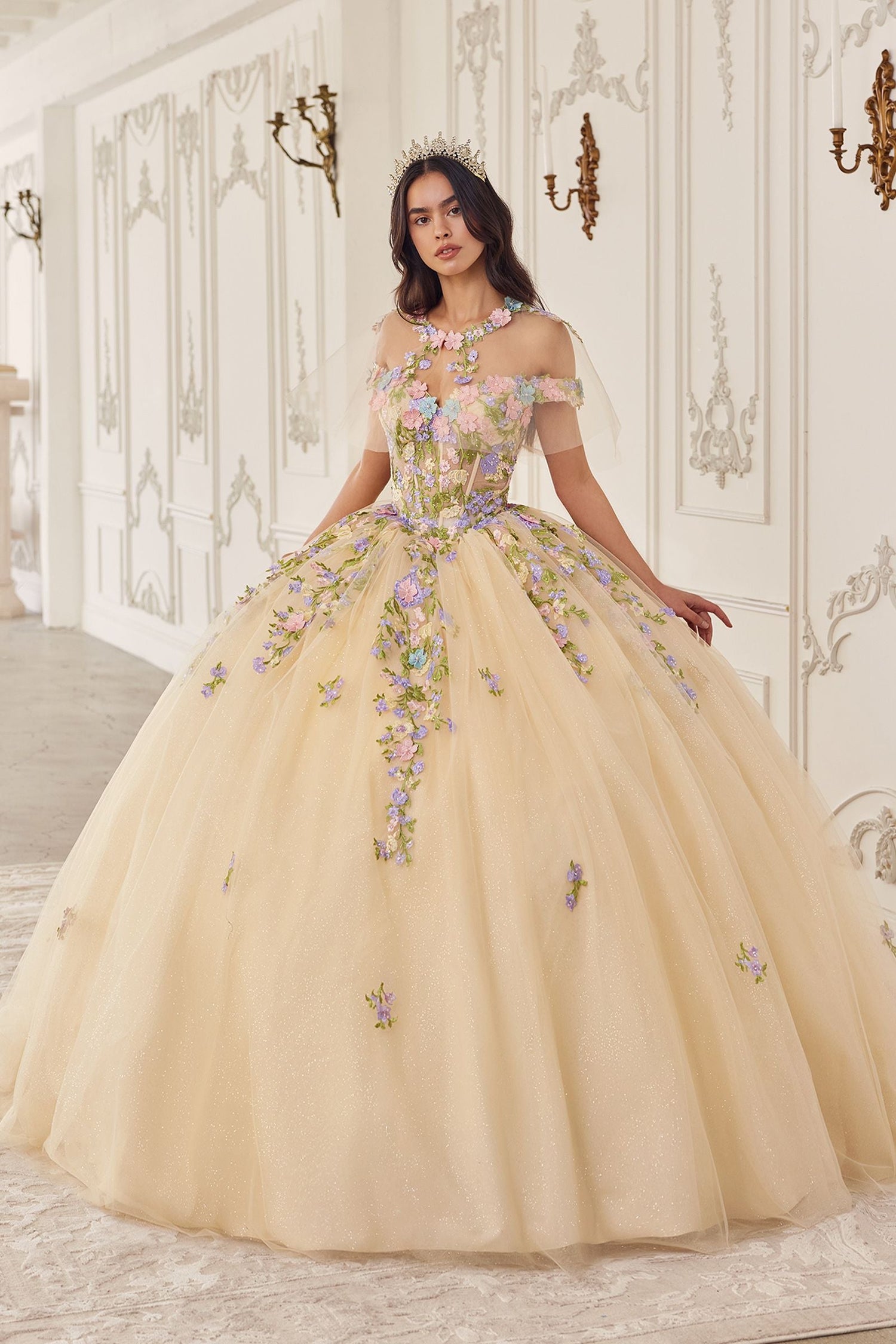 Ladivine 15724 Floral Lace Applique Quinceanera Gown Removable Capelet by DiscountDressShop