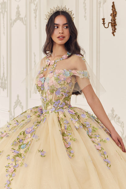 Ladivine 15724 Floral Lace Applique Quinceanera Gown Removable Capelet by DiscountDressShop