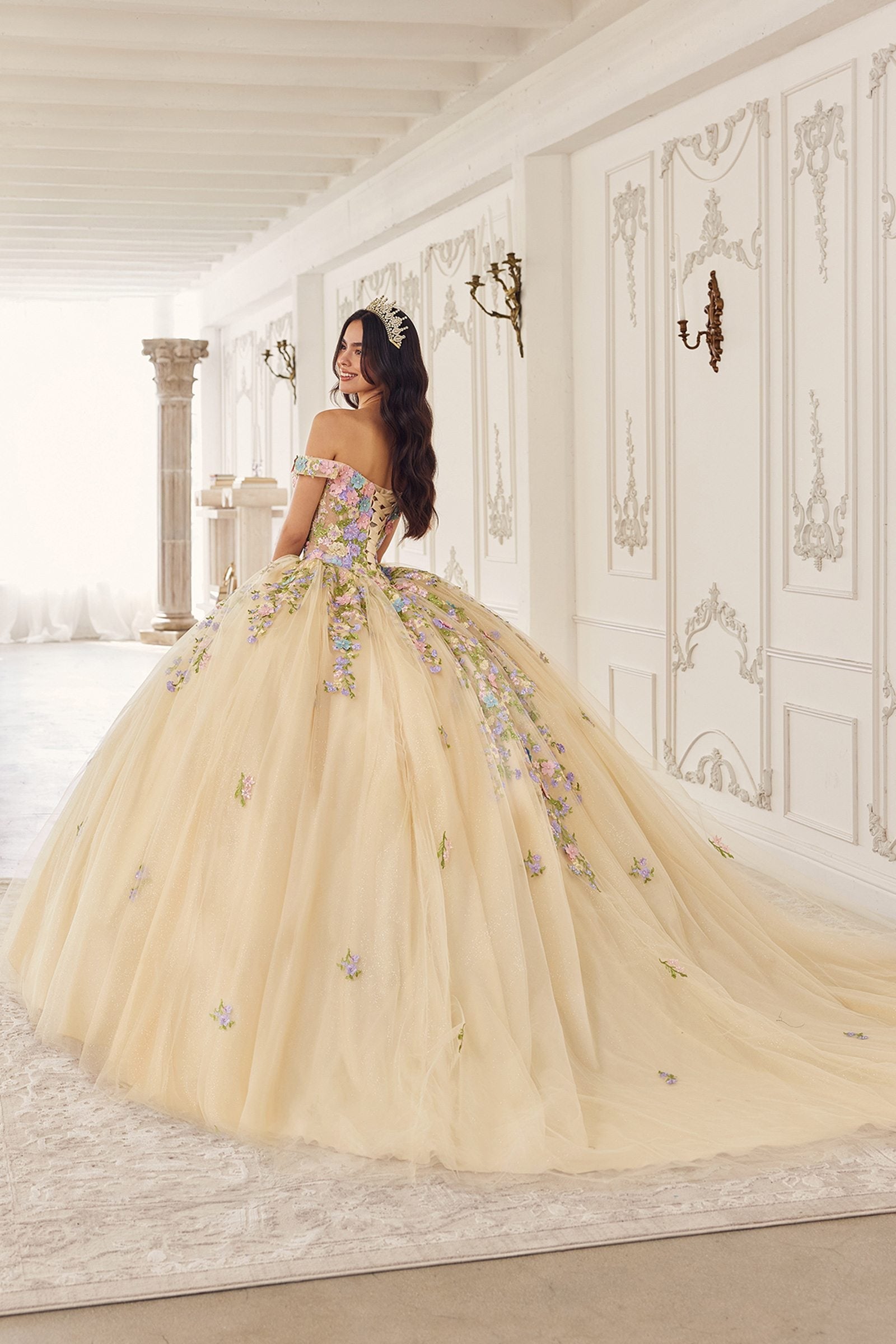 Ladivine 15724 Floral Lace Applique Quinceanera Gown Removable Capelet by DiscountDressShop
