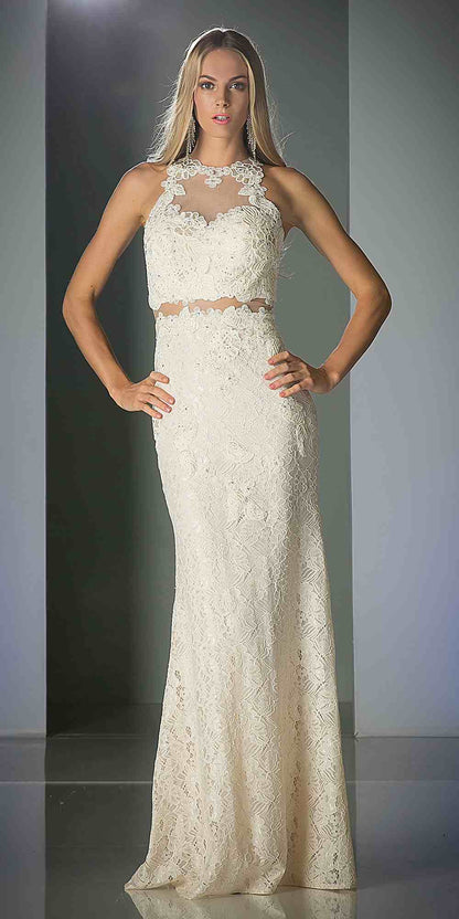 Cinderella Divine 1586 Halter Lace Appliques Mock Two-Piece Gown by DiscountDressShop