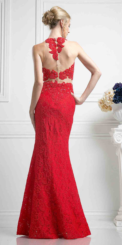 Cinderella Divine 1586 Halter Lace Appliques Mock Two-Piece Gown by DiscountDressShop