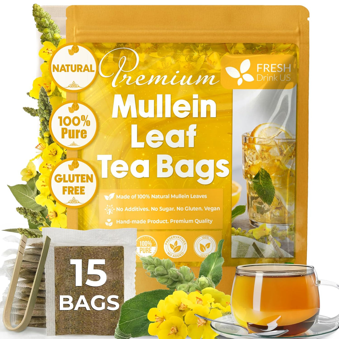 Mullein Leaf Tea Bags, 100% Natural &amp; Pure from Mullein Leaves. Loose Leaf Mullein Herbal Tea. Made with Natural Material Tea Bags. No Sugar, No Caffeine, No Gluten, Vegan. by FreshDrinkUS - Natural and Premium Herbal Tea