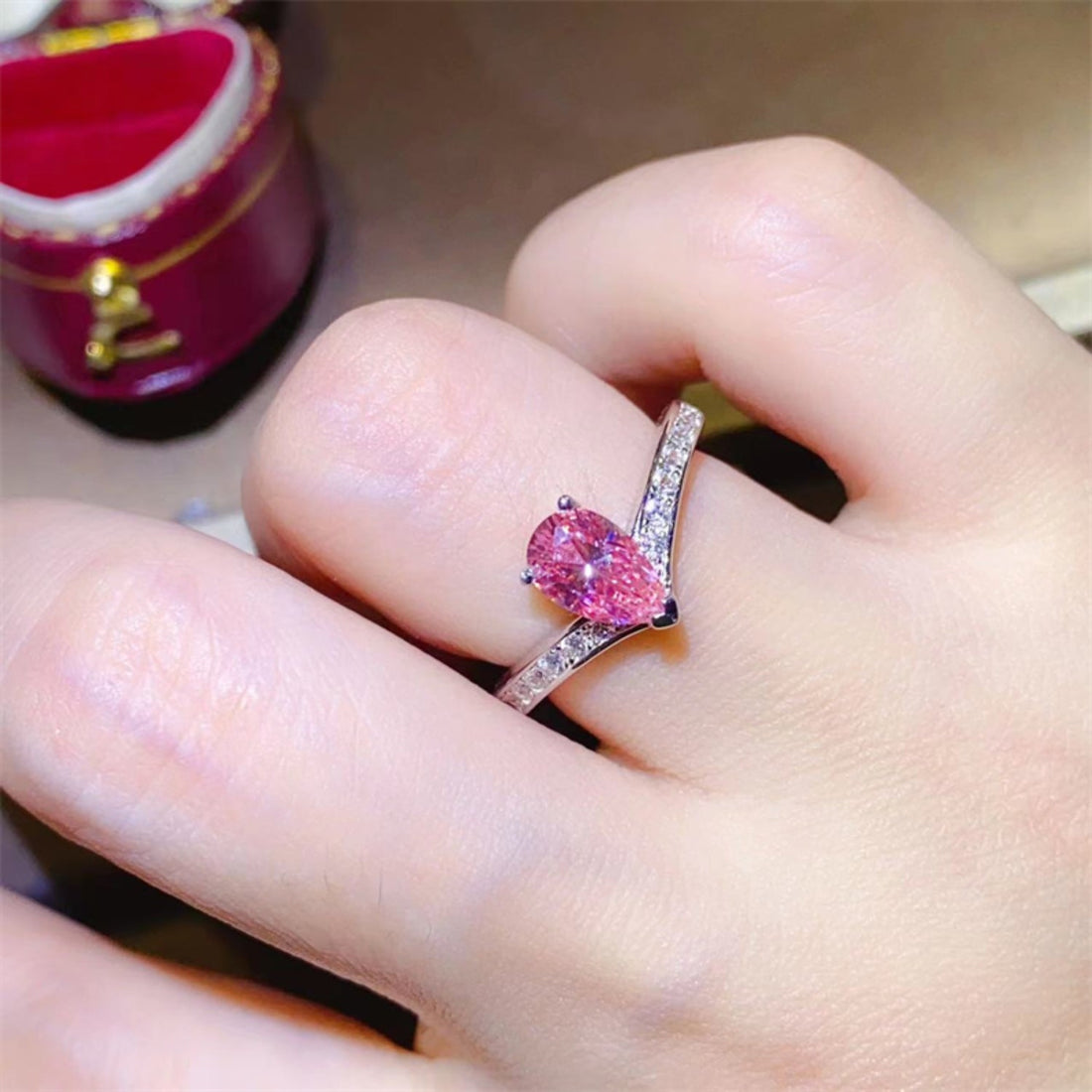 1 Carat Pear-Cut Pink Sparkala™ Platinum Over Pure Sterling Silver Ring by Sparkala