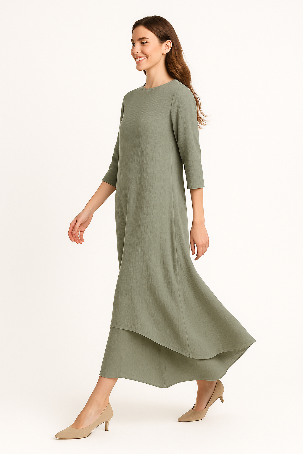 Modest Maxi Dress - Three Quarter Sleeve Soft Cotton Crinkle Fabric Double Layer Design by Kosher Casual USA