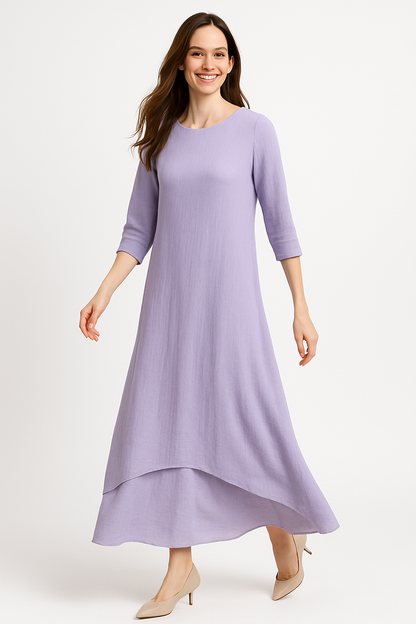 Modest Maxi Dress - Three Quarter Sleeve Soft Cotton Crinkle Fabric Double Layer Design by Kosher Casual USA