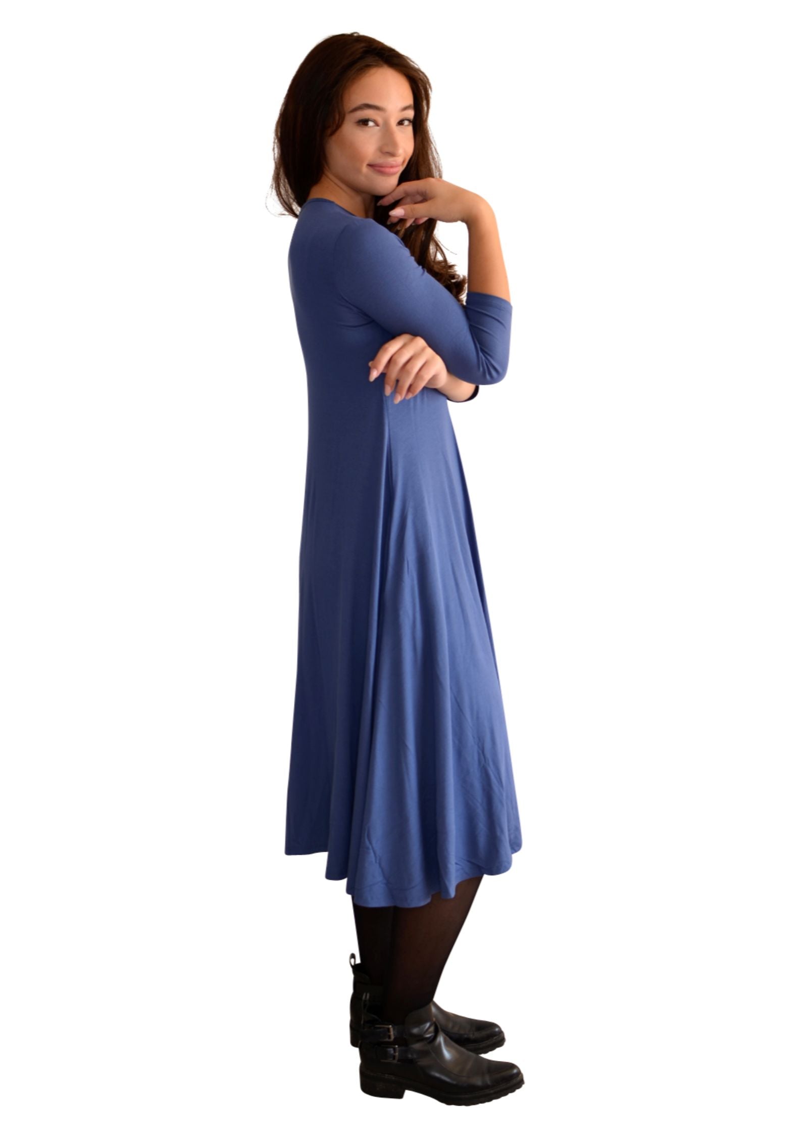 Mid-Calf 3/4 Sleeve Swing Dress with Pockets by Kosher Casual USA