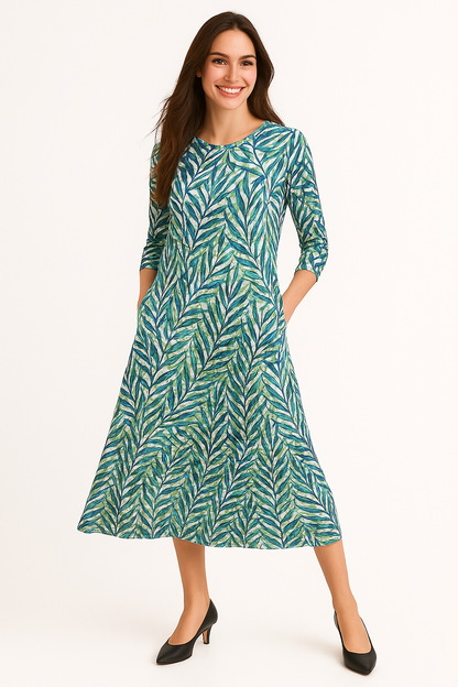 Mid-Calf 3/4 Sleeve Swing Dress with Pockets by Kosher Casual USA