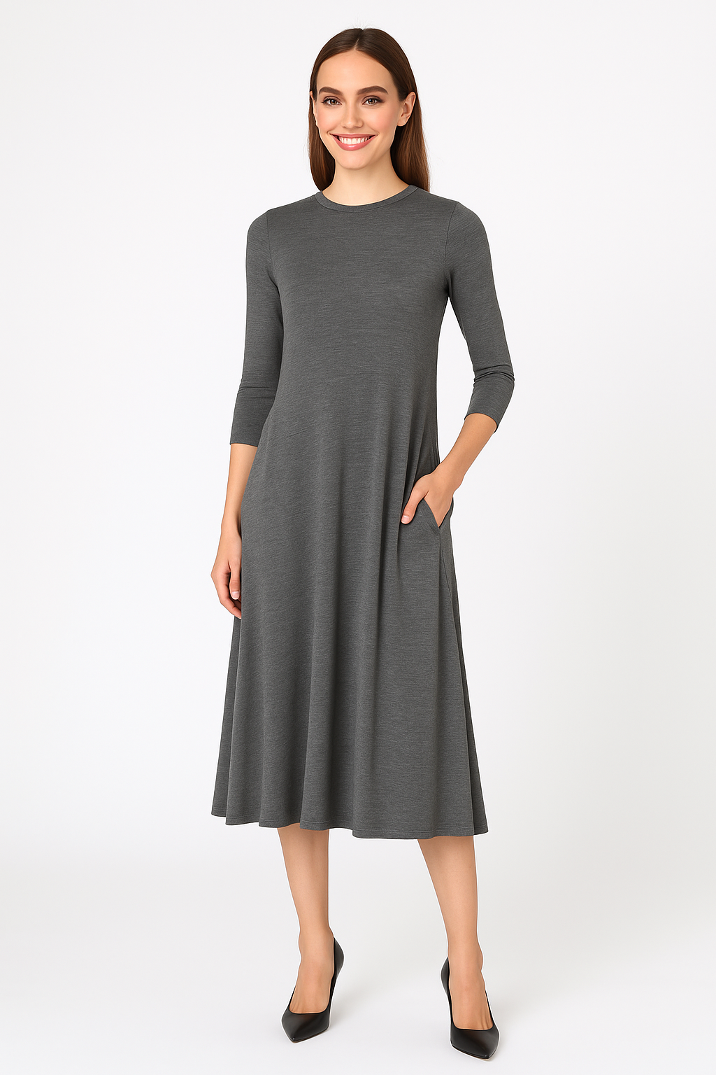 Mid-Calf 3/4 Sleeve Swing Dress with Pockets by Kosher Casual USA