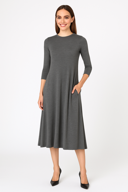 Mid-Calf 3/4 Sleeve Swing Dress with Pockets by Kosher Casual USA