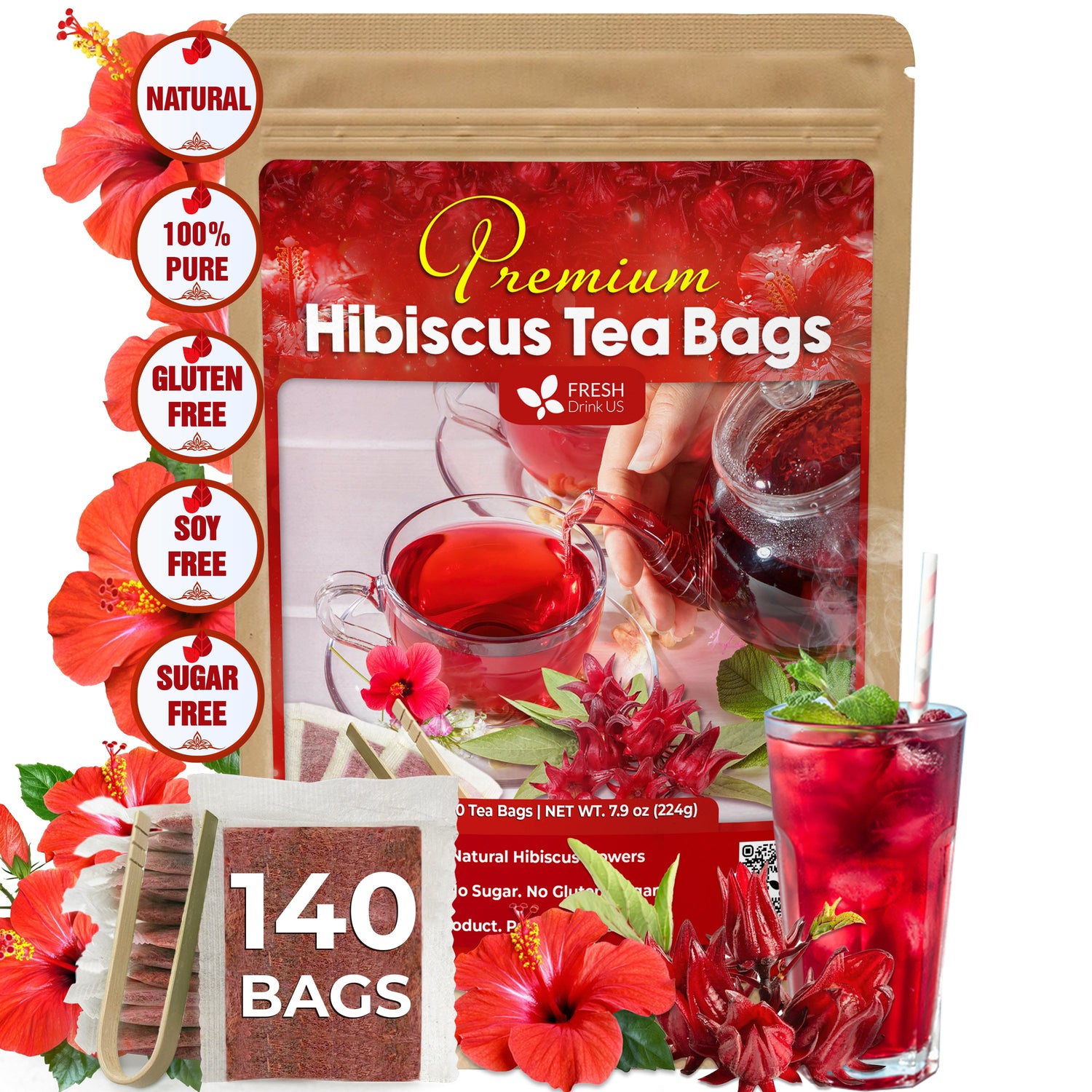 Hibiscus Dried Flowers, Tea Bags, 100% Natural, Pure from Hibiscus Flowers. Loose Flower Hibiscus Herbal Tea. Hibiscus Flower Tea. No Sugar, No Caffeine, No Gluten, Vegan. by FreshDrinkUS - Natural and Premium Herbal Tea