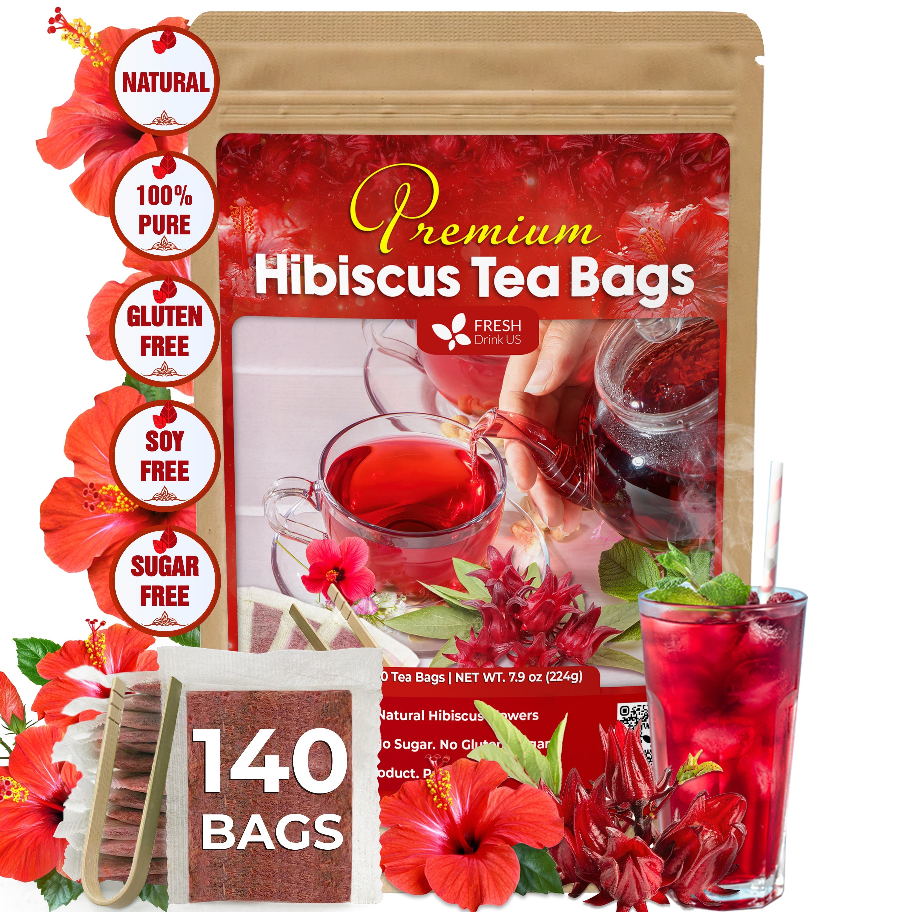 Hibiscus Dried Flowers, Tea Bags, 100% Natural, Pure from Hibiscus Flowers. Loose Flower Hibiscus Herbal Tea. Hibiscus Flower Tea. No Sugar, No Caffeine, No Gluten, Vegan. by FreshDrinkUS - Natural and Premium Herbal Tea